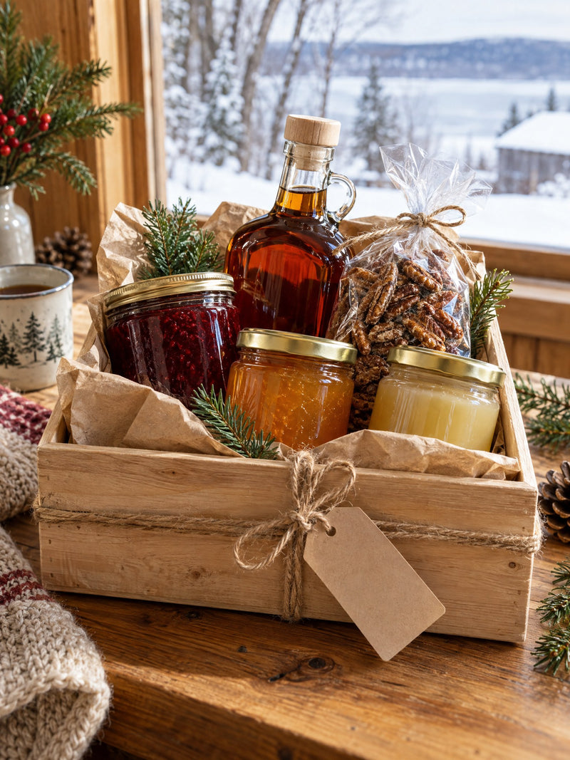 Caisse cadeau en bois garnie de produits du terroir