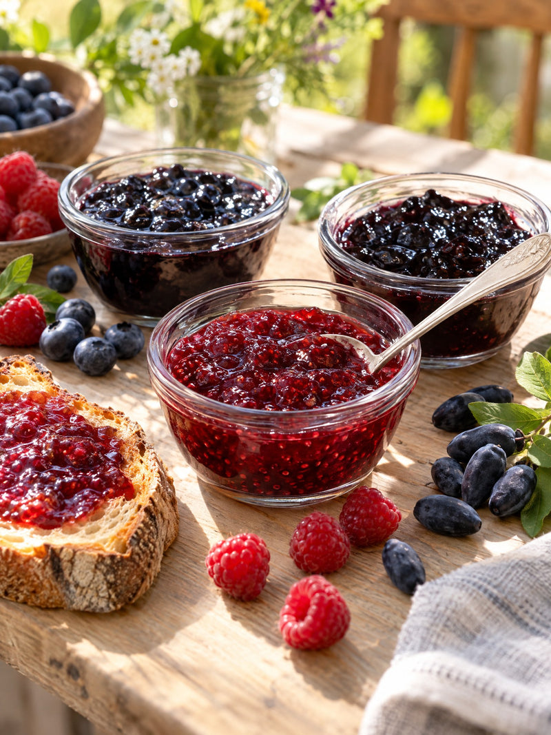Bols de confitures de petits fruits sur une table d'été