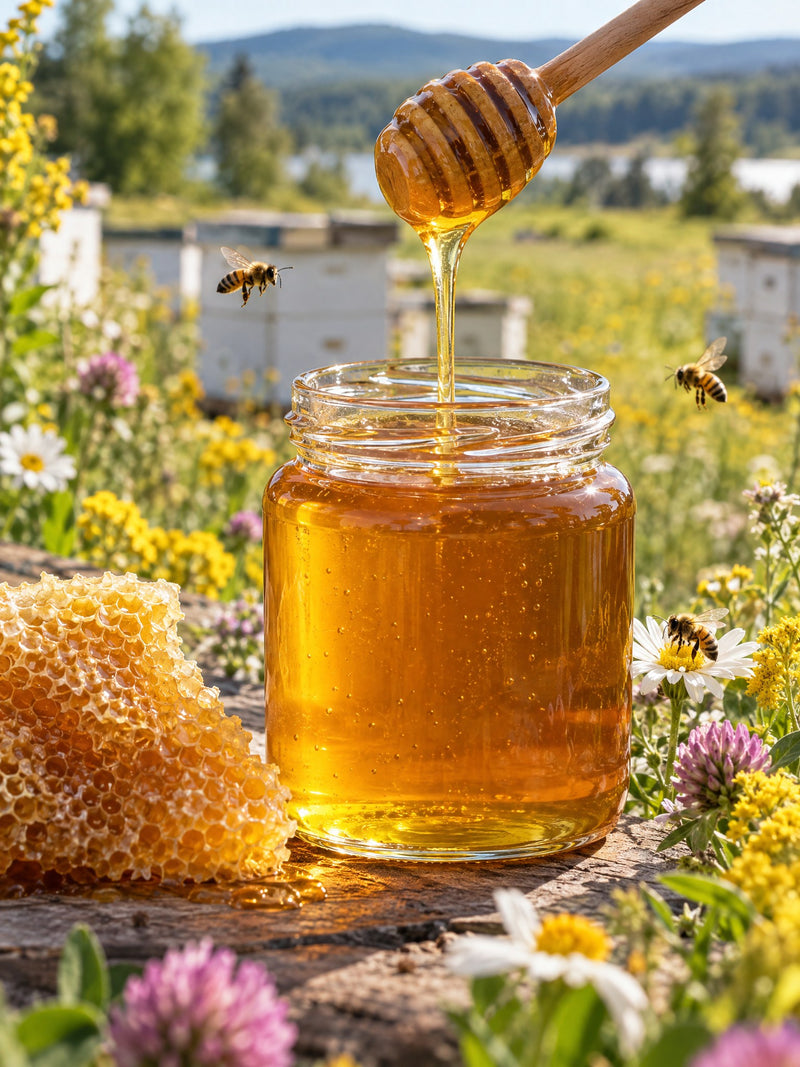 Pot de miel, cuillère à miel et abeilles dans un pré fleuri