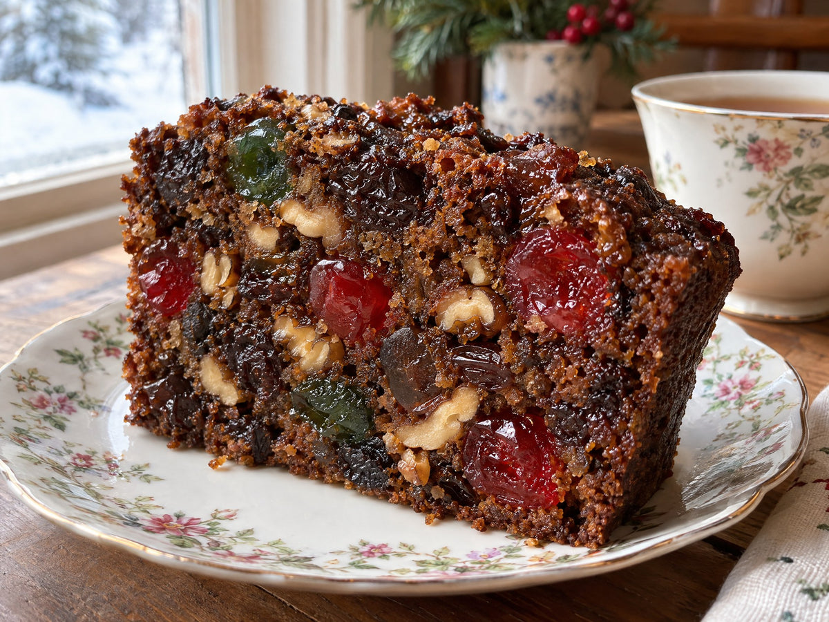 Tranche de gâteau aux fruits aux cerises confites et noix avec une tasse de thé