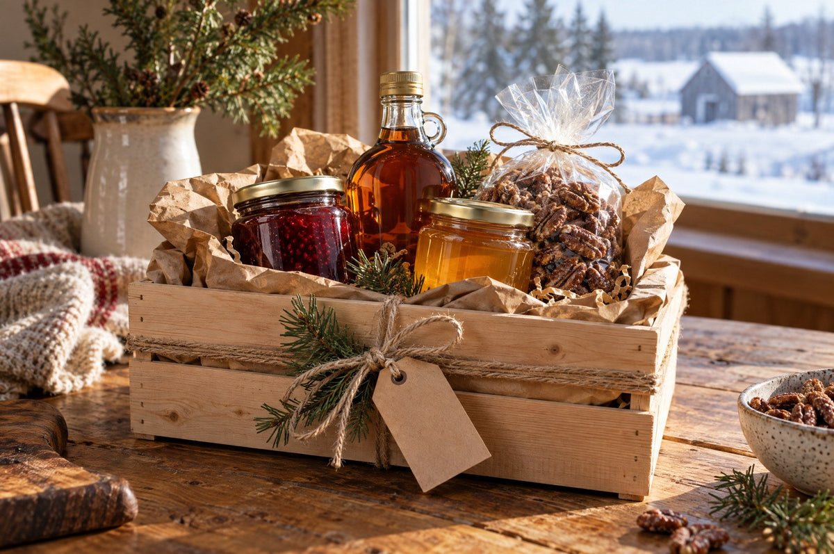 Caisse cadeau en bois avec confitures, miel, sirop d'érable et pacanes