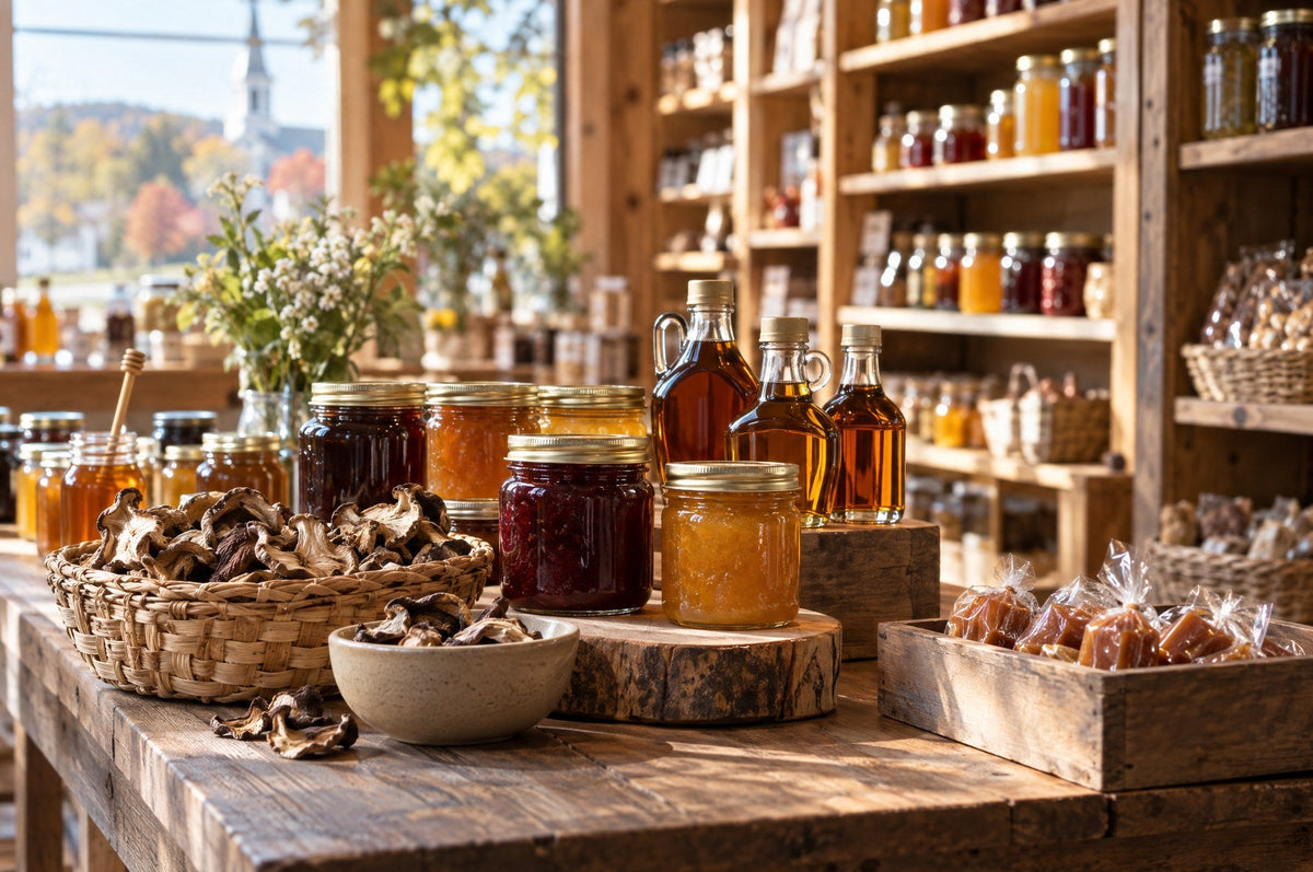 Étagères d'une épicerie fine québécoise remplies de confitures, miels et sirop d'érable