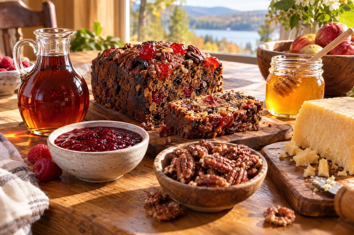 Table de dégustation : gâteau aux fruits, sirop d'érable, confiture, miel, pacanes et cheddar