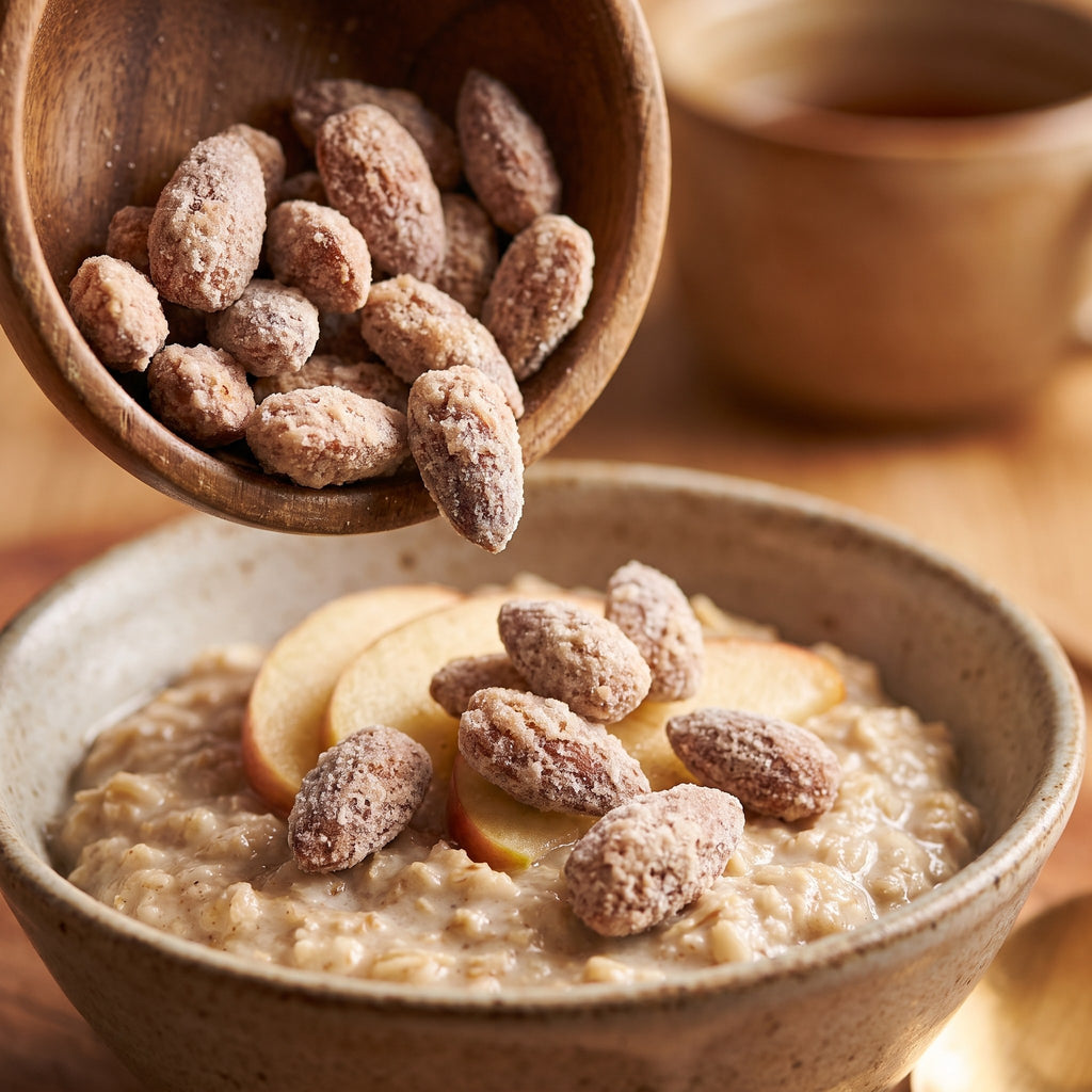 Des amandes au sucre d'érable versées d'un bol en bois sur un gruau garni de tranches de pommes fraîches