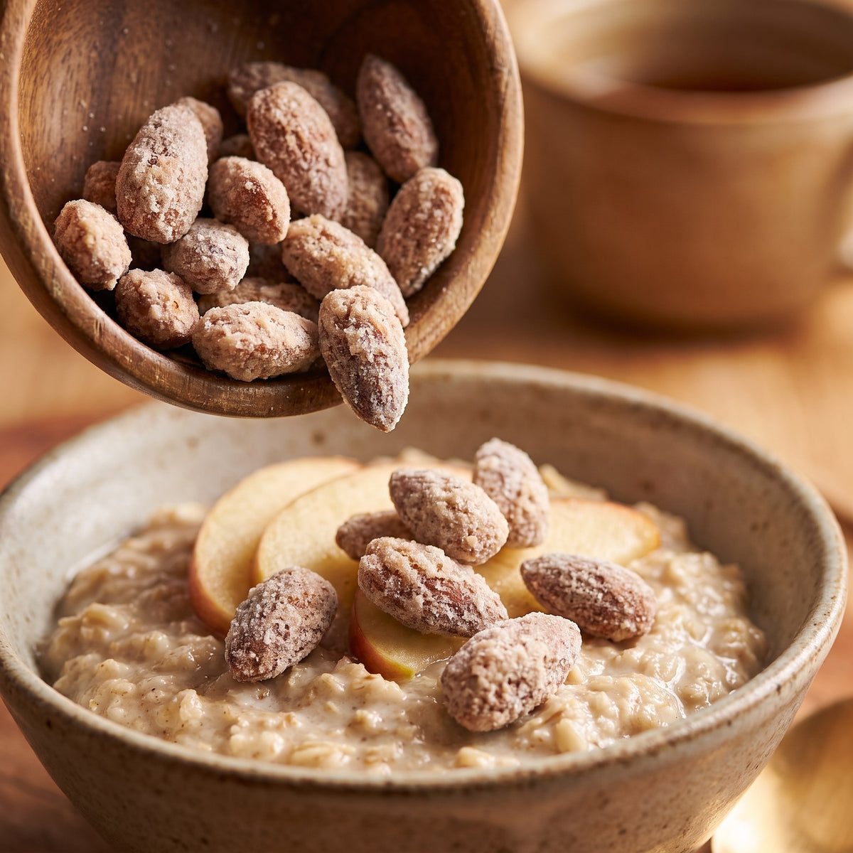 Des amandes au sucre d'érable versées d'un bol en bois sur un gruau garni de tranches de pommes fraîches