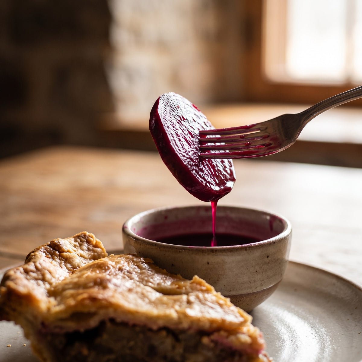 Tranche de betterave marinée piquée sur une fourchette au-dessus de son jus et d'une pointe de tourtière dorée
