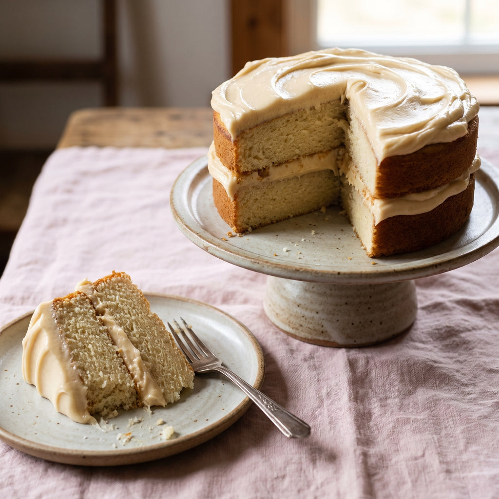 Gâteau étagé nappé de beurre d'érable sur un présentoir en céramique avec une part servie à côté