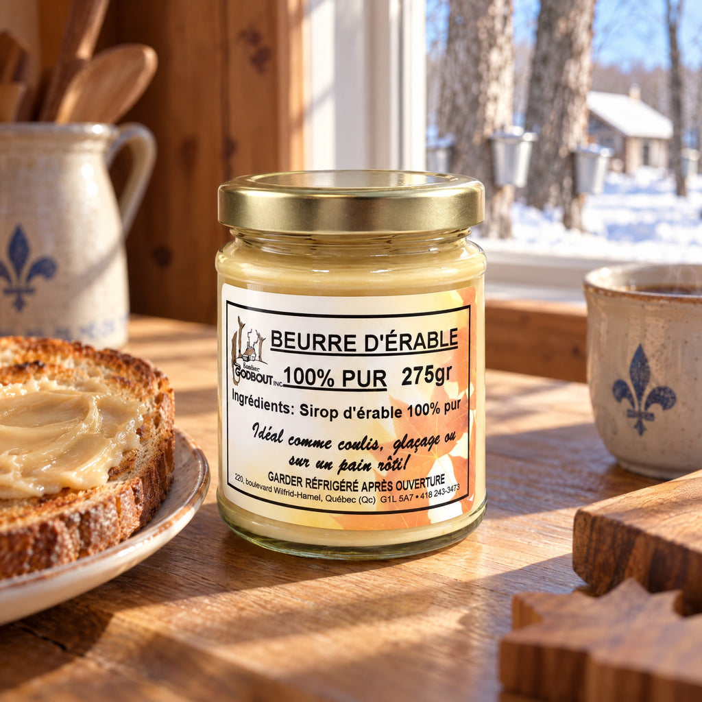 Pot de beurre d'érable sur une table en bois à côté d'une tartine grillée, devant une fenêtre enneigée