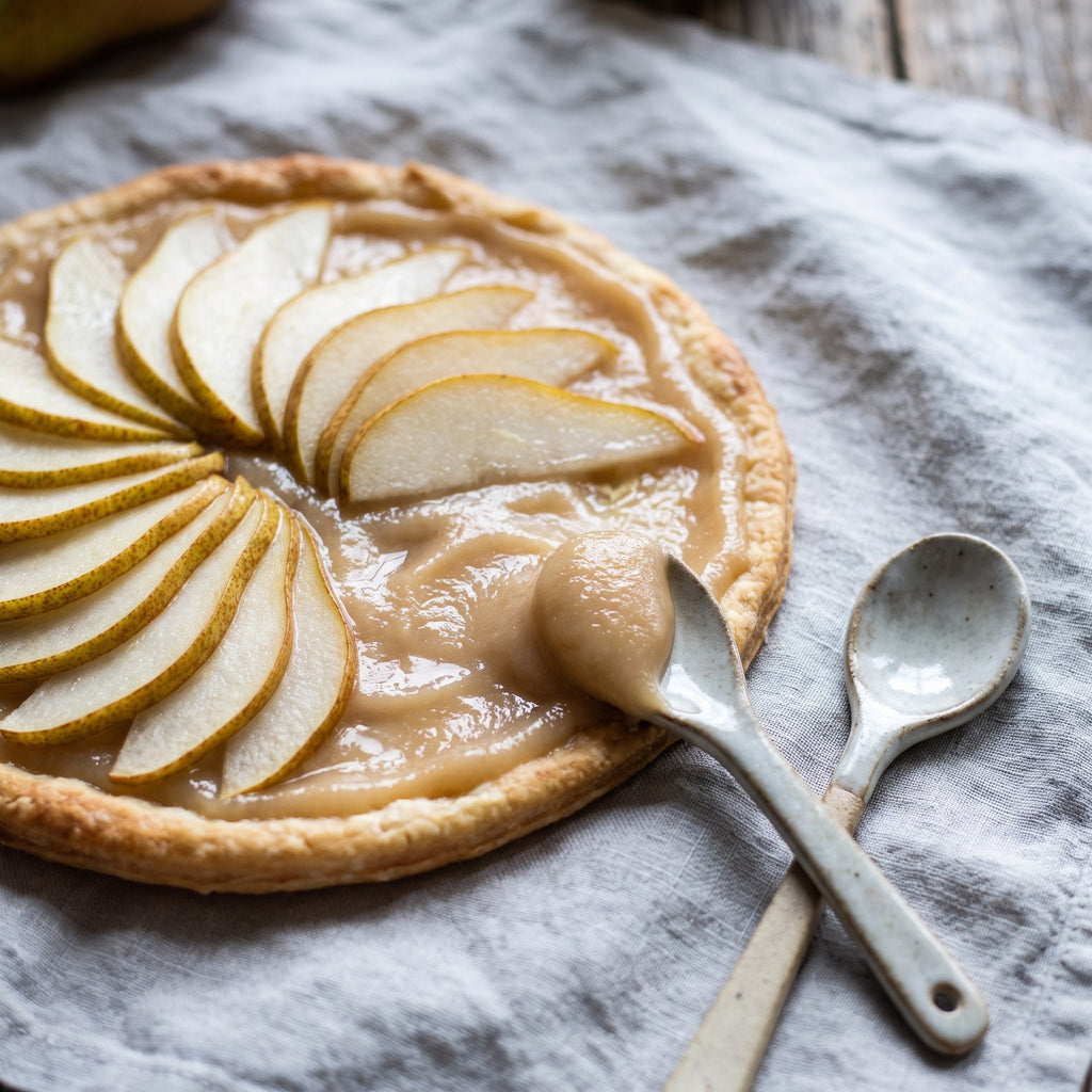 Beurre de poire onctueux étalé sur une tarte rustique, avec des tranches de fruit frais et cuillères