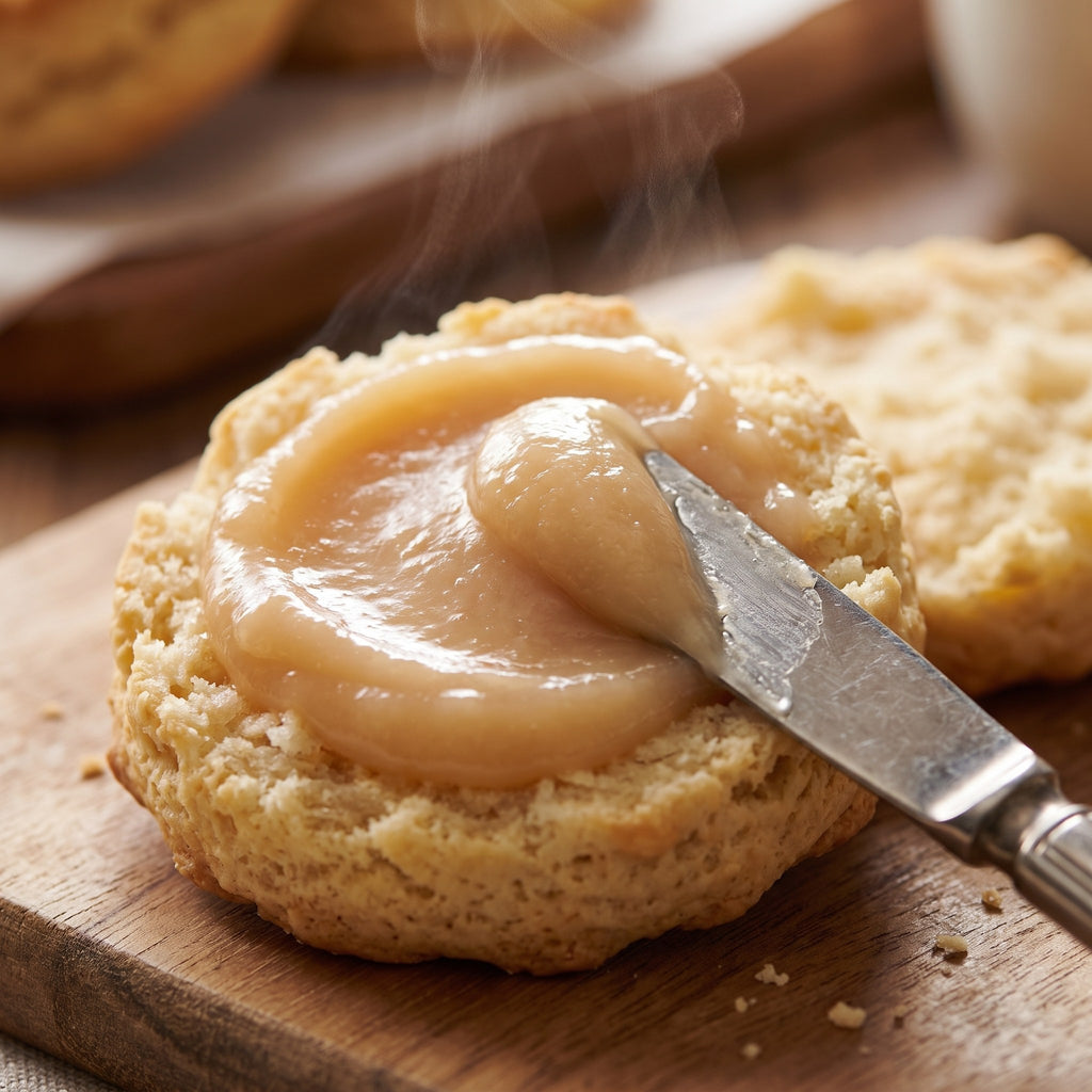 Onctueux beurre de poire tartiné au couteau sur un scone chaud et fumant, présenté sur une planche de bois