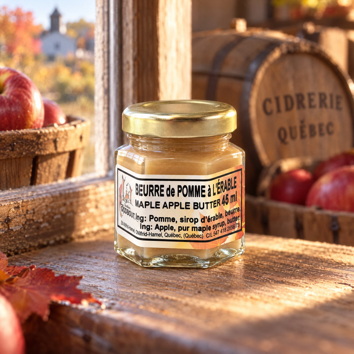 Petit pot de beurre de pomme à l'érable sur un rebord de fenêtre en bois, entouré de pommes et d'un baril de cidre
