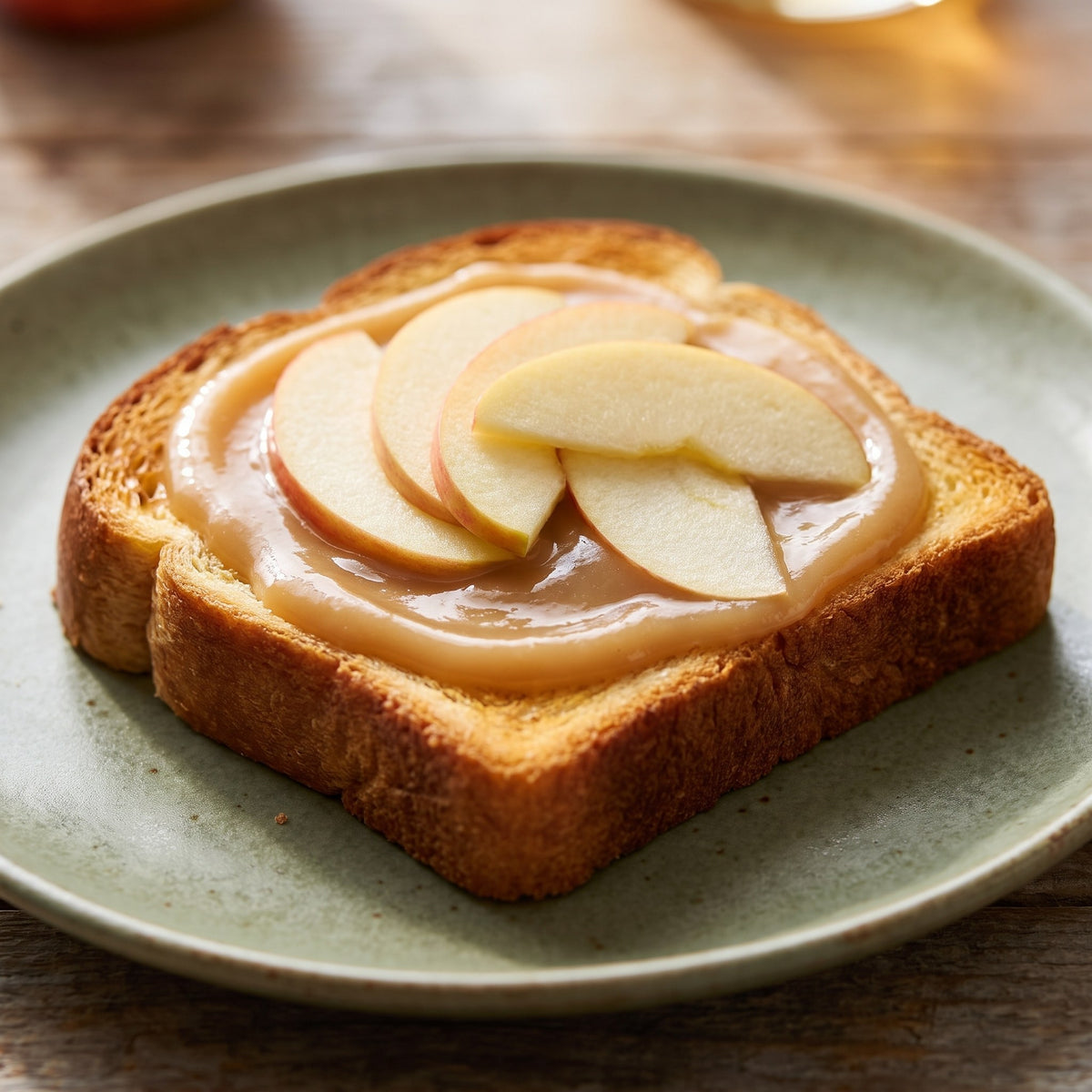 Tranche de pain grillé garnie de beurre de pomme à l'érable et de fines tranches de pomme sur une assiette verte