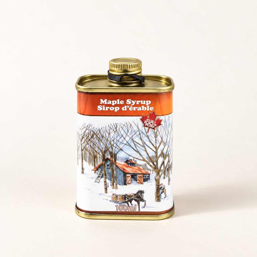 Bidon de sirop d'érable 100 ml sur fond crème