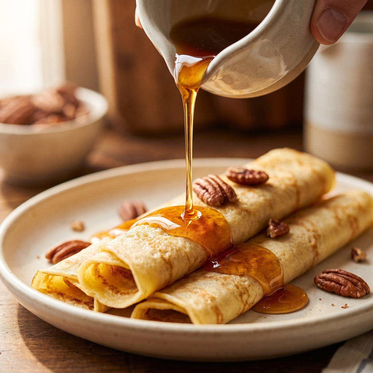Filet de sirop d'érable coulant sur de délicieuses crêpes roulées garnies de pacanes croquantes