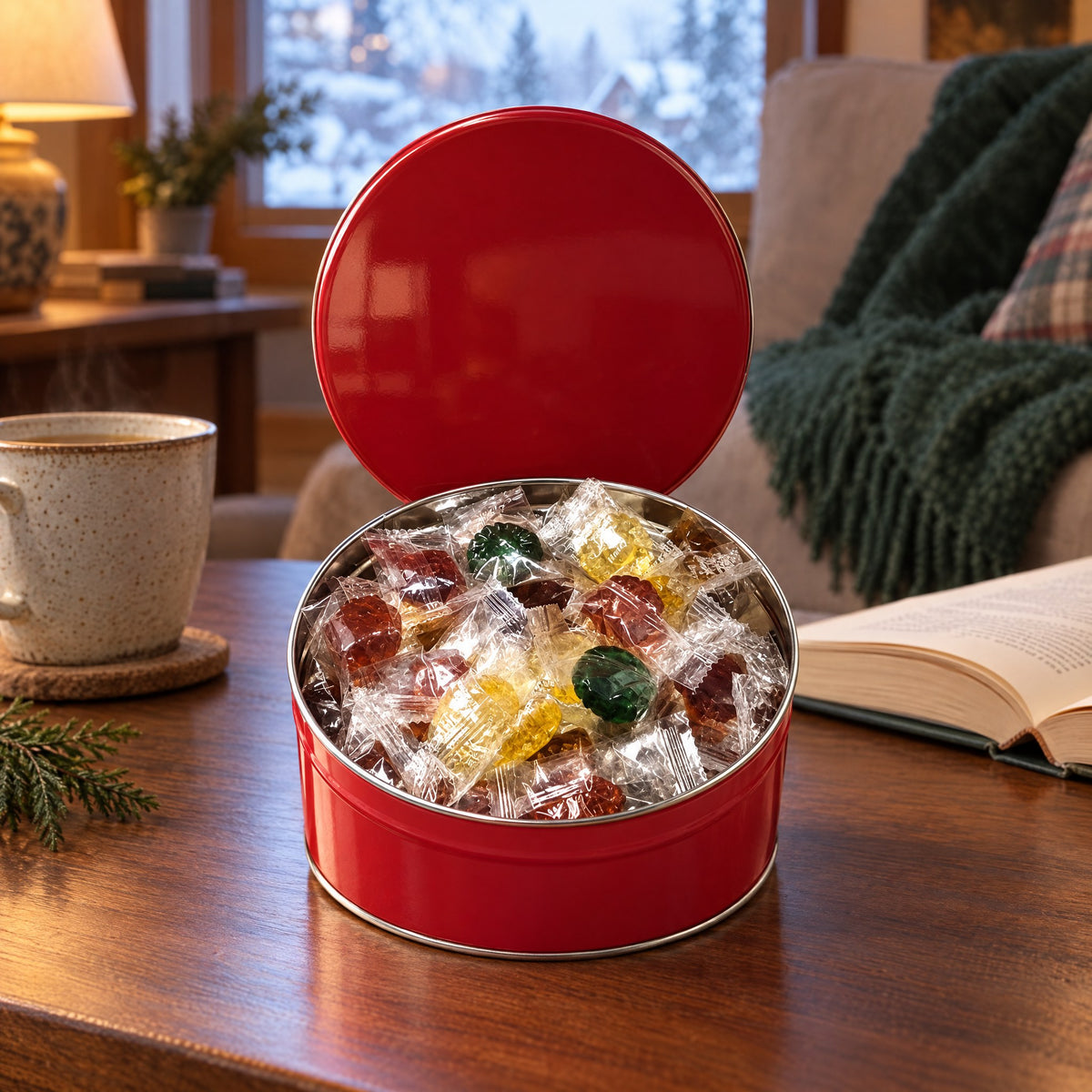 Boîte à bonbons rouge remplie de friandises sur une table en bois chaleureuse avec tasse de café et livre, décor d'hiver