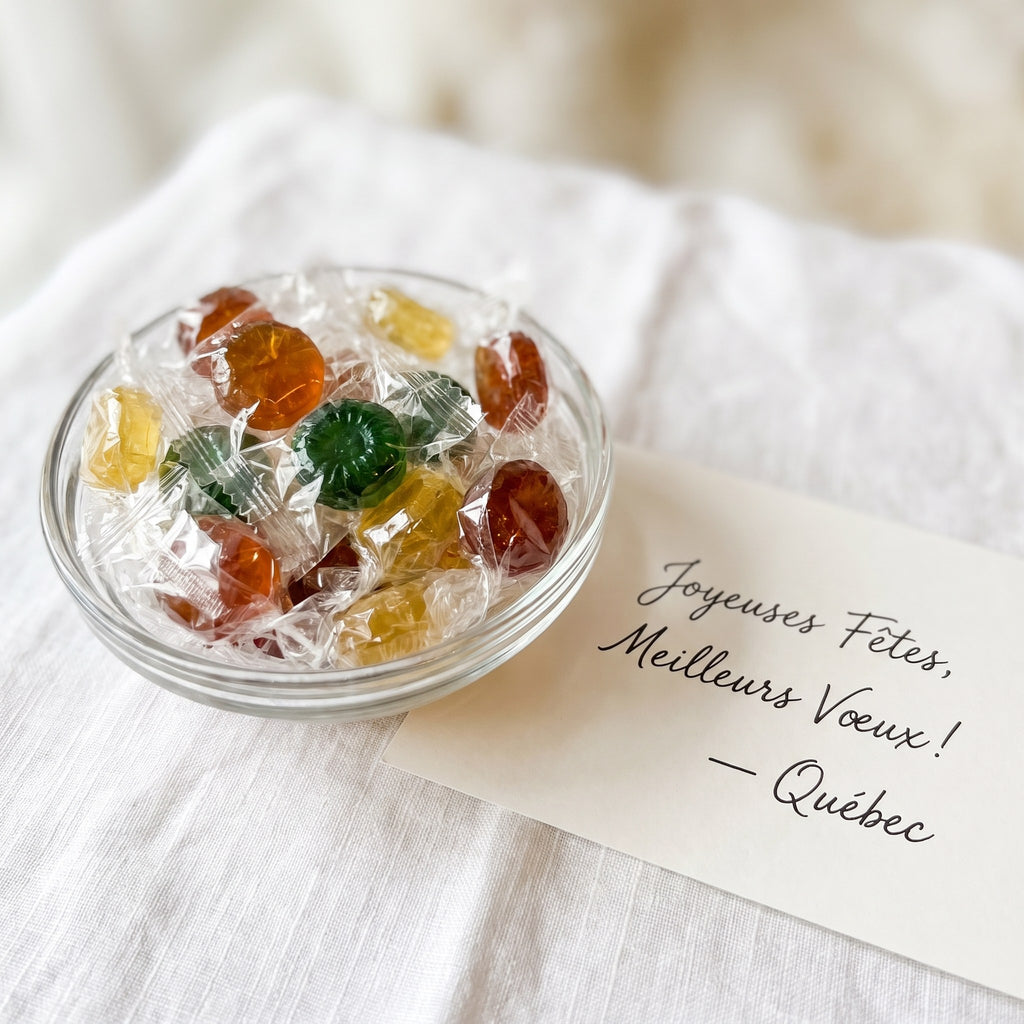 Bol de bonbons colorés de la boîte à bonbons sur une nappe blanche à côté d'une carte de vœux du Québec