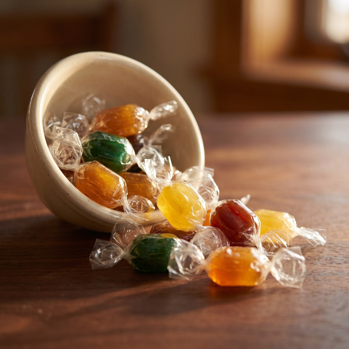 Bonbons colorés et emballés de notre boîte à bonbons s'échappant d'un bol en céramique renversé sur une table en bois