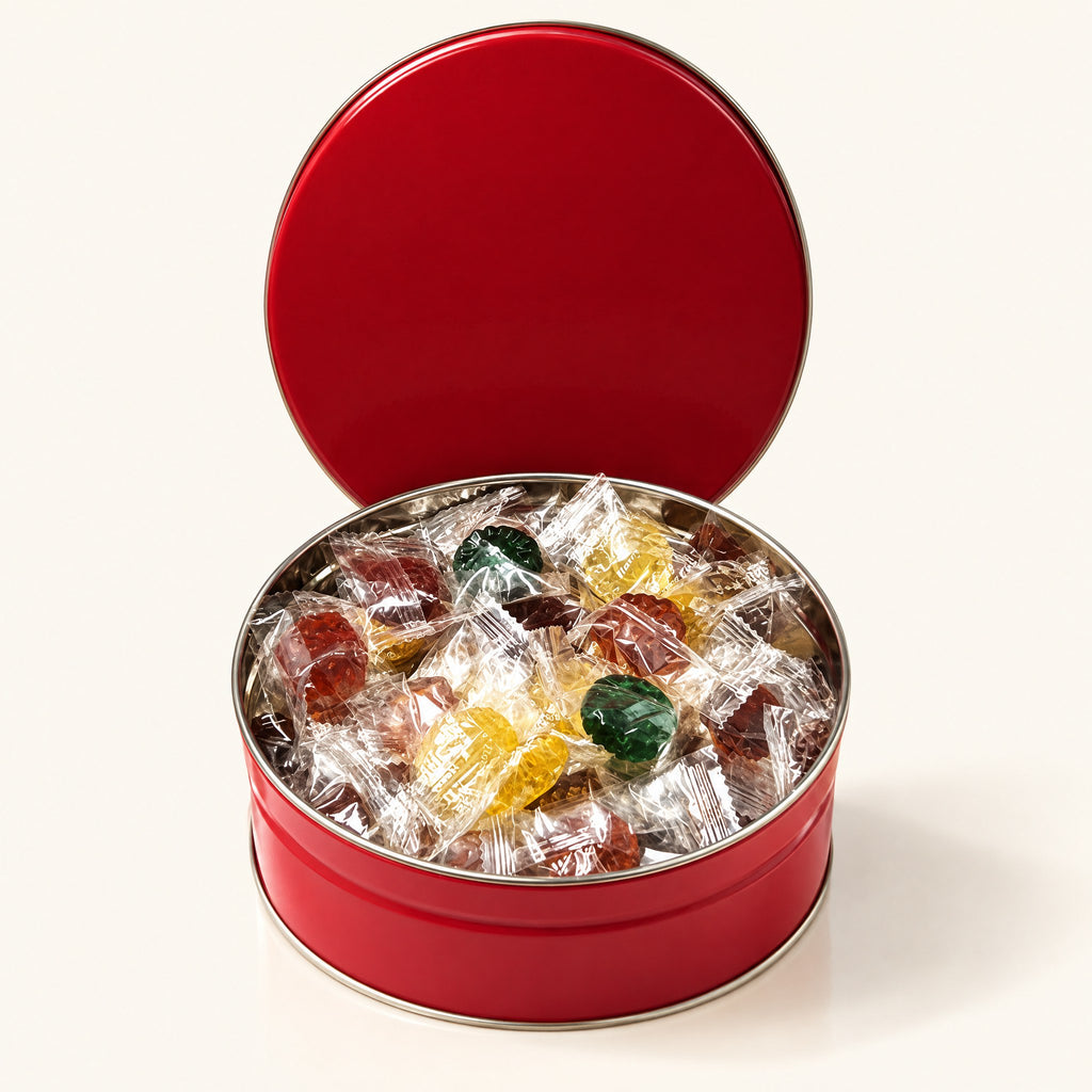 Boîte à bonbons ronde et rouge ouverte, remplie de friandises emballées individuellement sur un fond crème