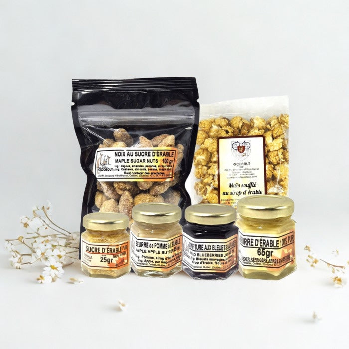 Boîte à l'érable, coffret découverte : noix au sucre d'érable, maïs soufflé à l'érable, sucre d'érable, beurre de pomme, confiture de bleuets et beurre d'érable 65 g