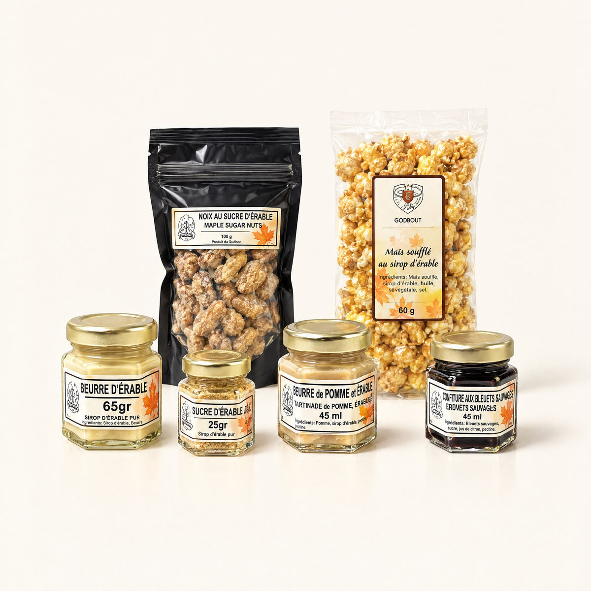 Coffret découverte à l'érable : beurre d'érable, sucre d'érable, beurre de pomme, confiture de bleuets, noix et maïs soufflé