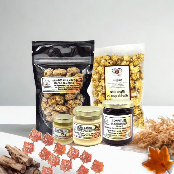 Boîte à l'érable, coffret gourmand : amandes au sucre d'érable, maïs soufflé à l'érable, beurre d'érable 150 g, beurre de pomme, confiture de bleuets et bonbons en feuille d'érable