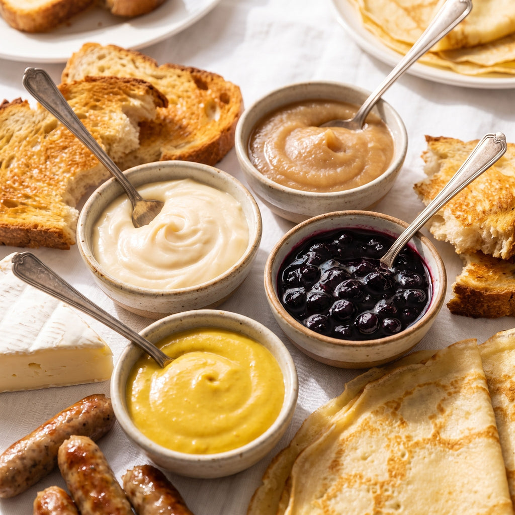 Crêpes, saucisses et assortiment de tartinades de la boite découverte présentés dans de petits bols en céramique