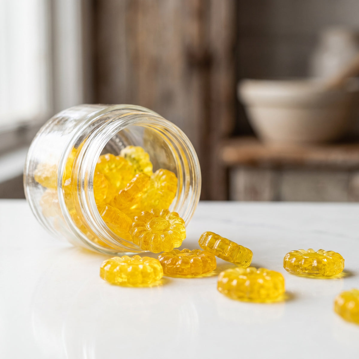 Bonbons au miel et citron jaunes en forme de fleurs versés d'un bocal en verre incliné sur un comptoir blanc
