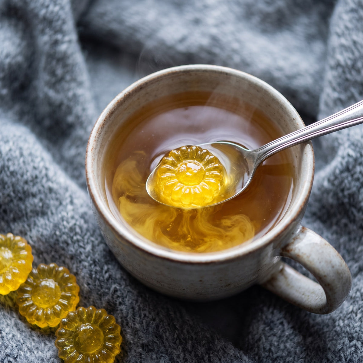 Jeté tricoté gris avec une tasse de thé chaud et des bonbons au miel et citron dont un fond dans la cuillère