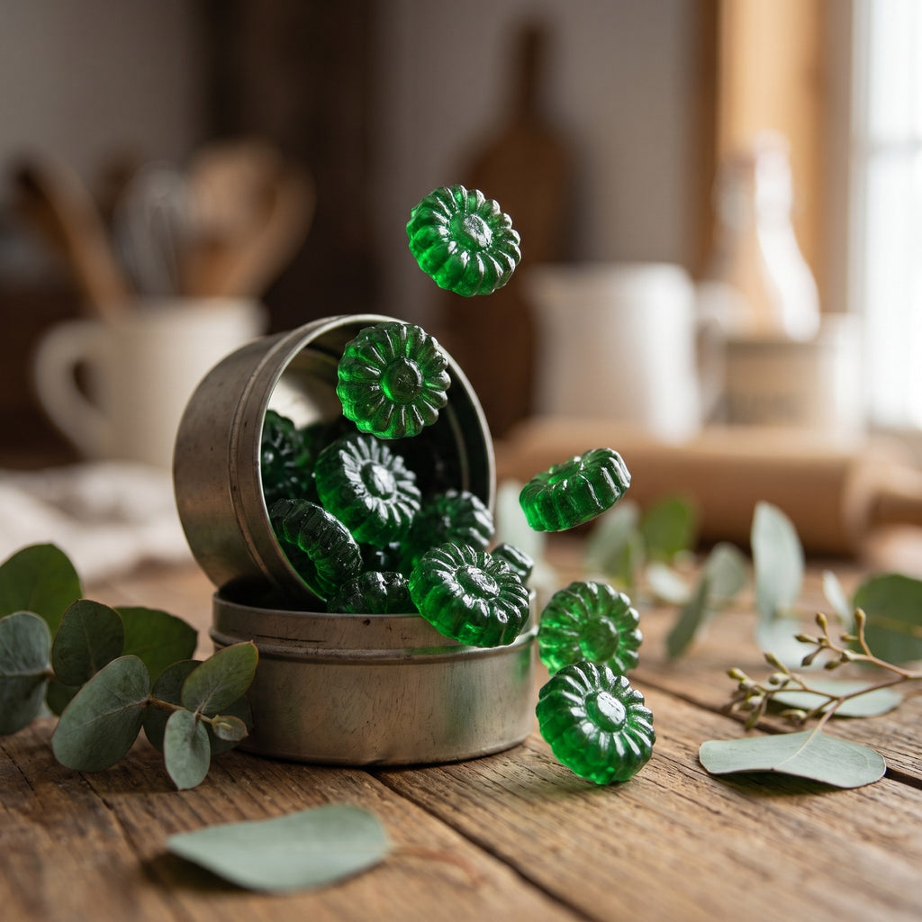 Bonbons au miel et eucalyptus verts et translucides s'écoulant d'une boîte en métal sur une table en bois