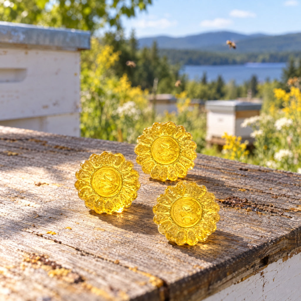 Trois bonbons au miel en forme de fleur posés sur une ruche en bois, devant un rucher bordant un lac