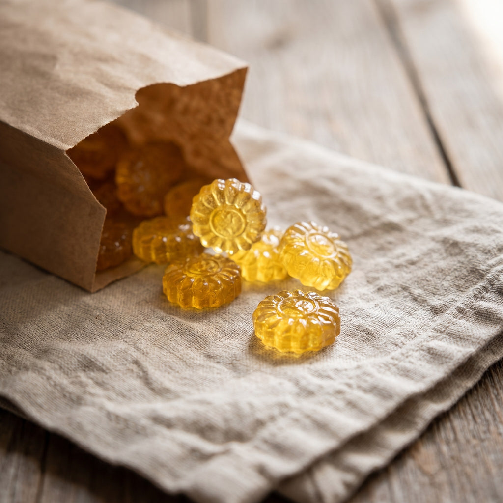 Bonbons au miel dorés en forme de fleur sortant d'un sac en papier brun sur une nappe en lin beige
