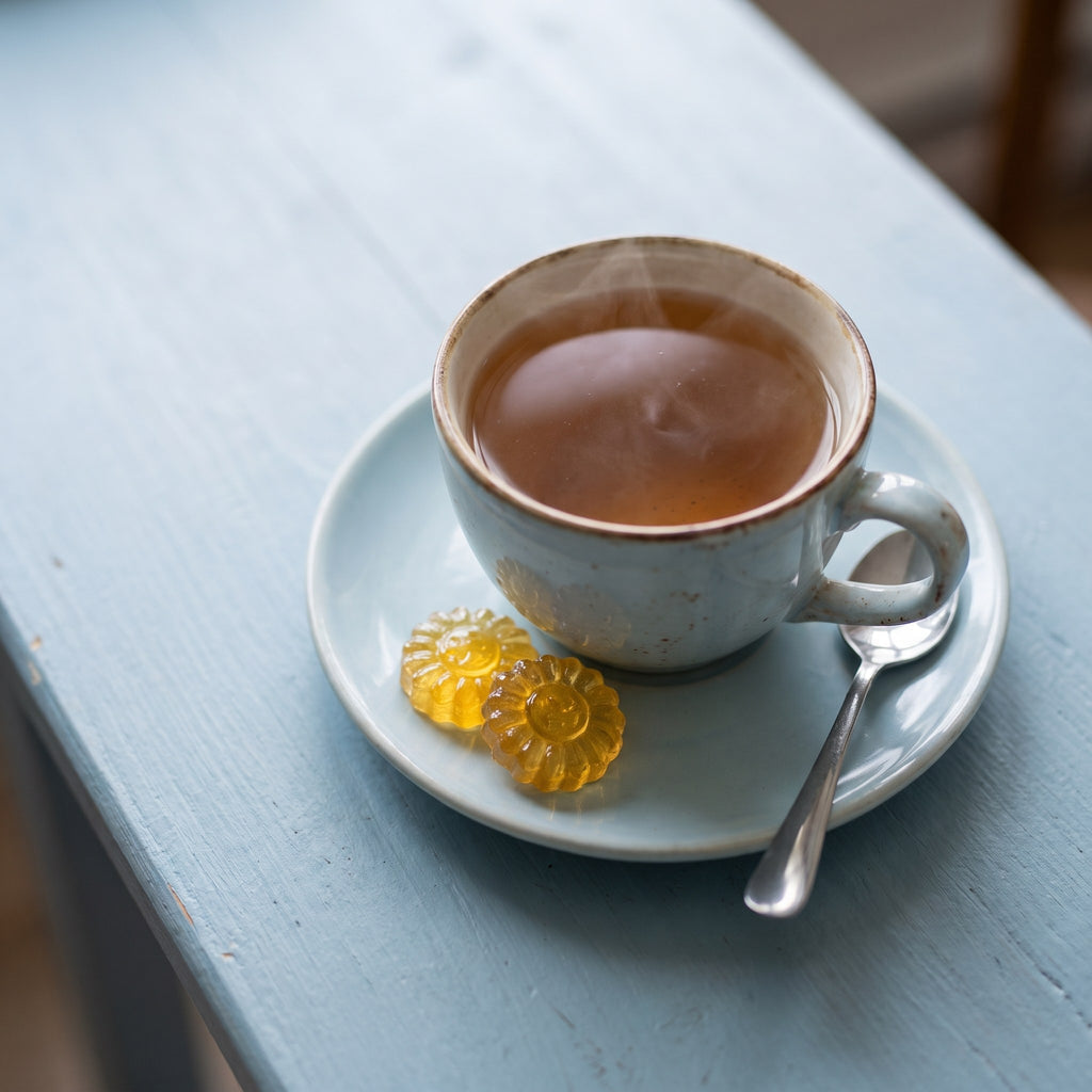 Deux bonbons au miel en forme de fleur sur une soucoupe à côté d'une tasse de thé chaud sur une table en bois bleu