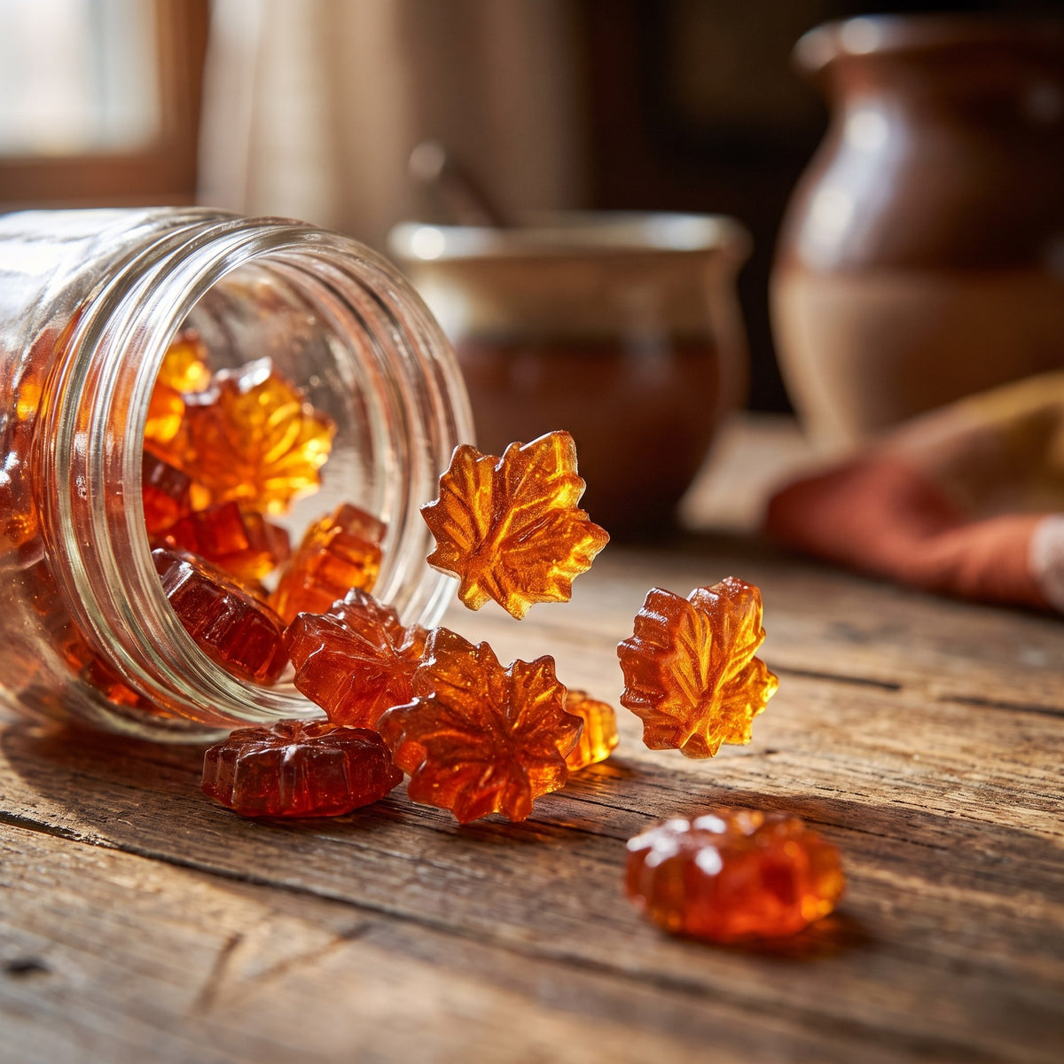 Des bonbons durs au sirop d'érable en forme de feuilles s'échappant d'un pot de verre sur une table en bois rustique