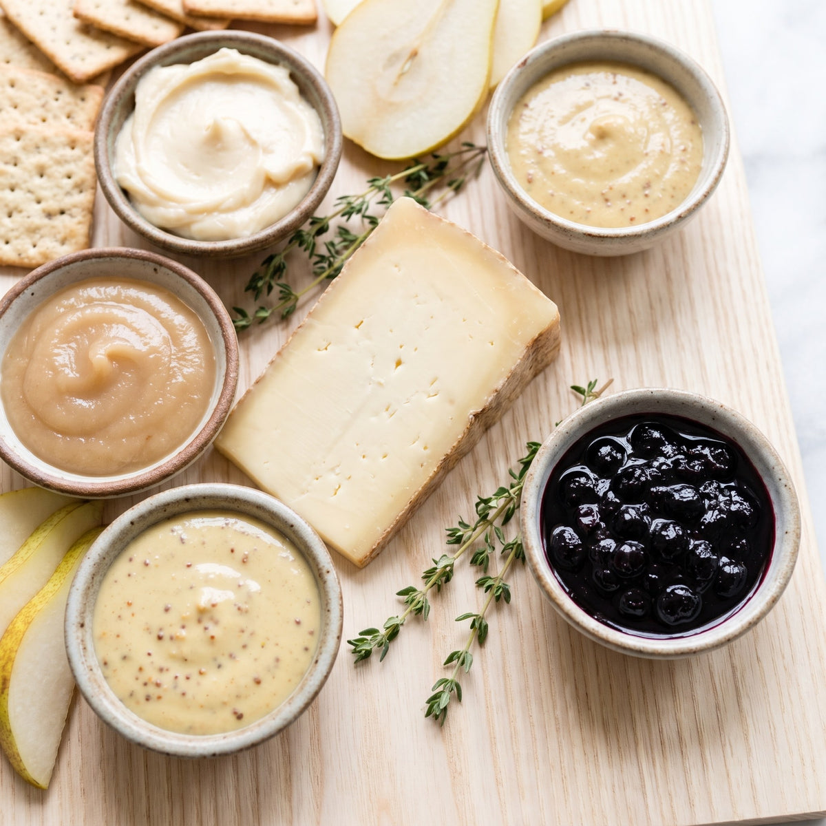 Planche de fromage avec beurre d'érable, beurre de pomme, moutarde à l'érable et confiture de bleuets