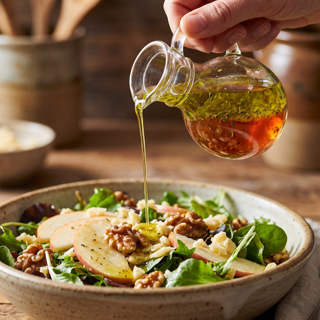 Vinaigrette au sirop d'érable versée sur une salade de verdures, pommes, noix de Grenoble et cheddar