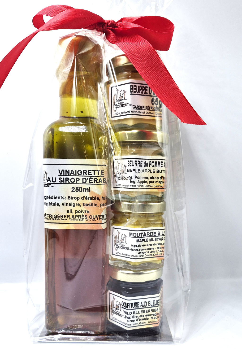 Emballage cadeau à l'érable dans un sac transparent : vinaigrette au sirop d'érable et quatre petits pots Godbout