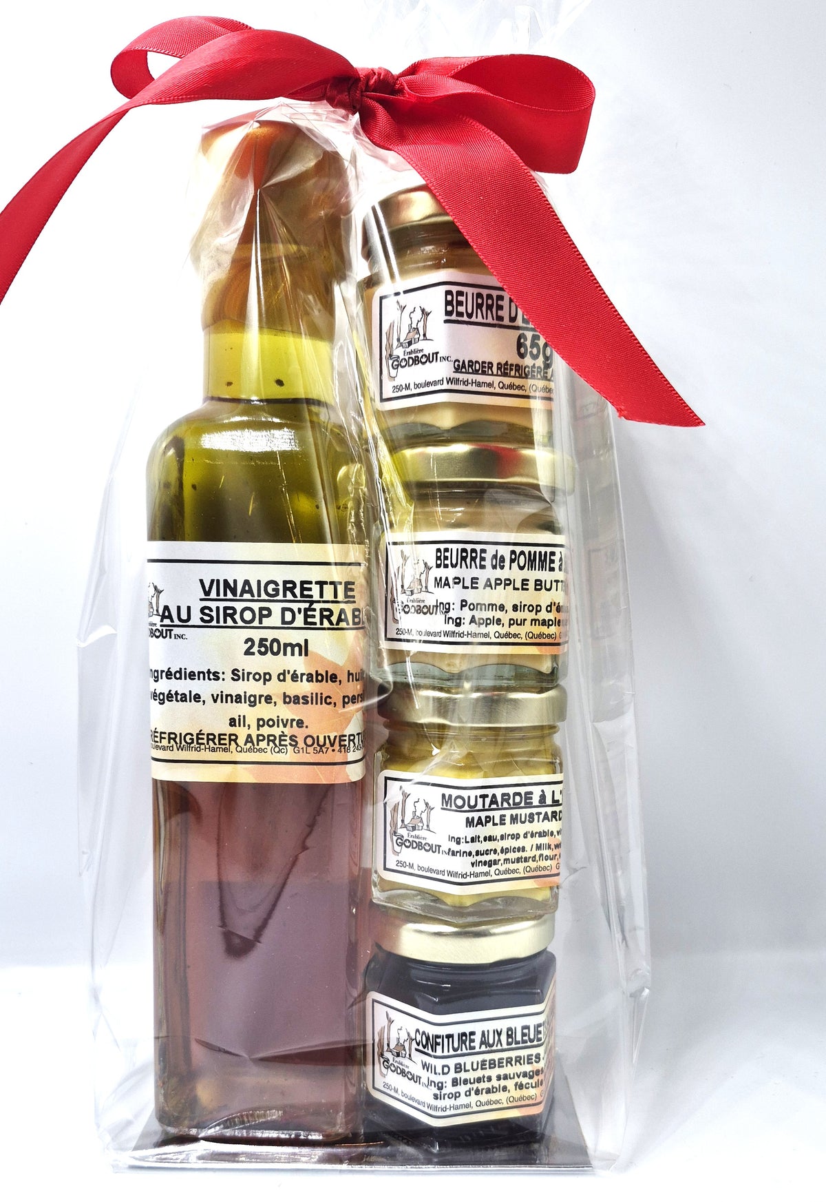 Emballage cadeau à l'érable dans un sac transparent : vinaigrette au sirop d'érable et quatre petits pots Godbout