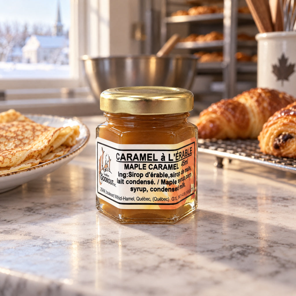 Pot de caramel à l'érable sur un comptoir de marbre, avec des crêpes et des croissants sous une lumière matinale