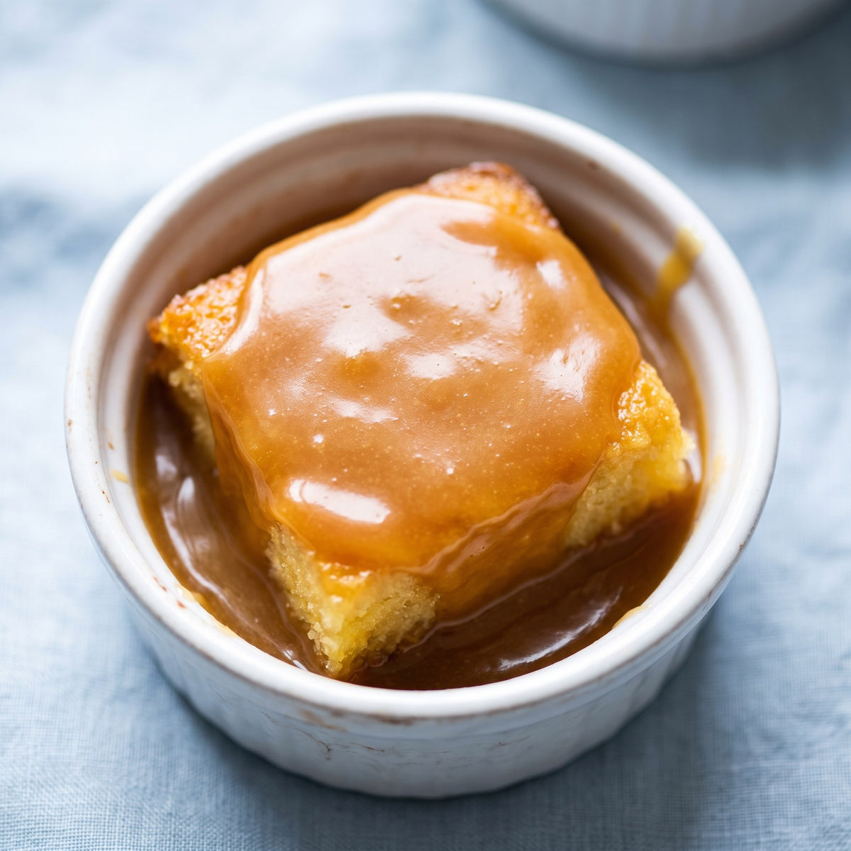 Carré de gâteau moelleux nappé de caramel à l'érable onctueux dans un petit ramequin blanc