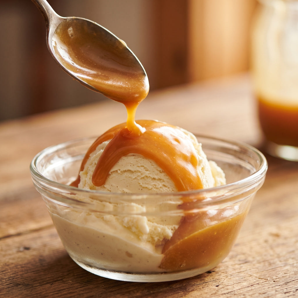 Onctueux caramel à l'érable coulant d'une cuillère sur de la crème glacée à la vanille dans un bol