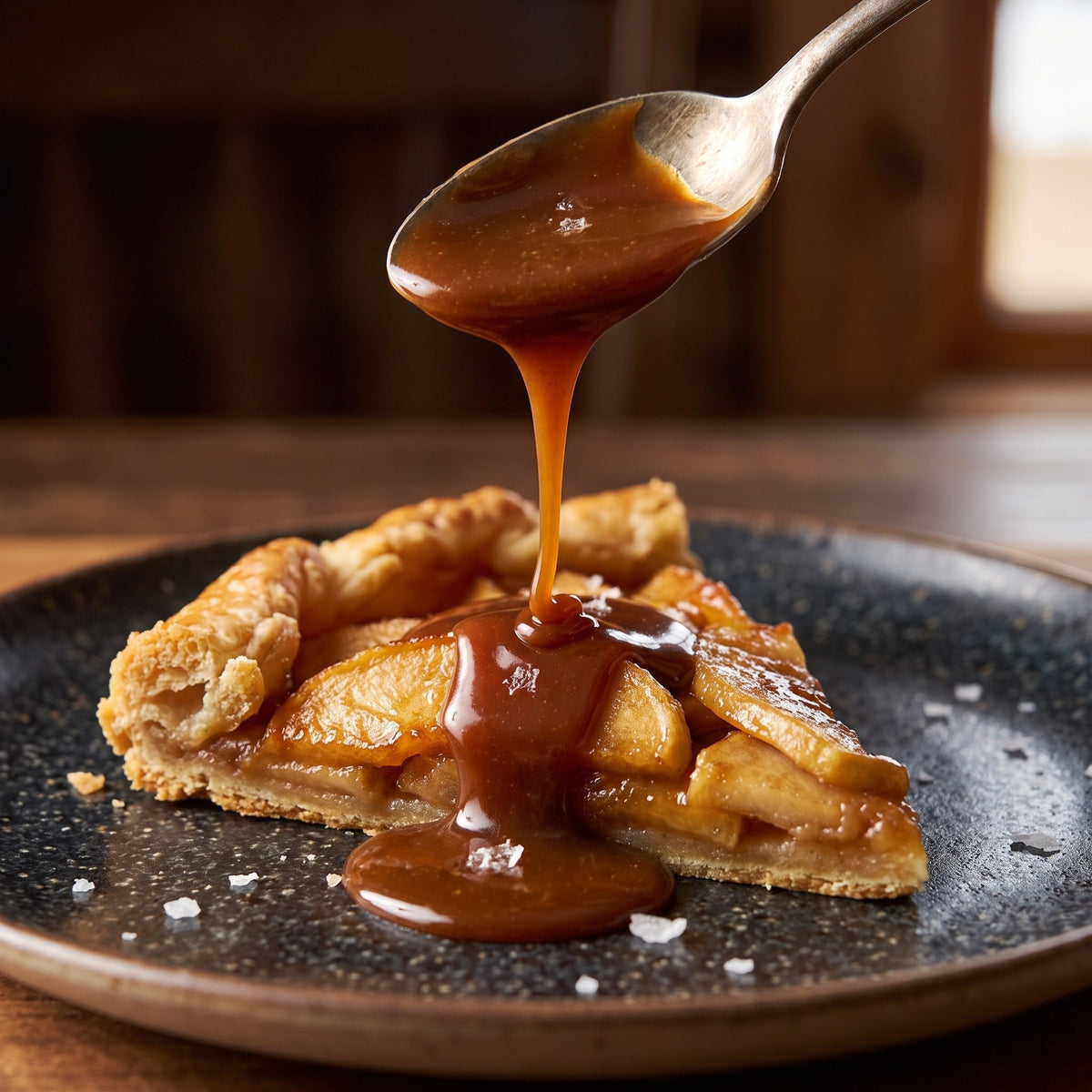Cuillère versant du caramel au miel et fleur de sel sur une pointe de tarte aux pommes servie sur une assiette sombre