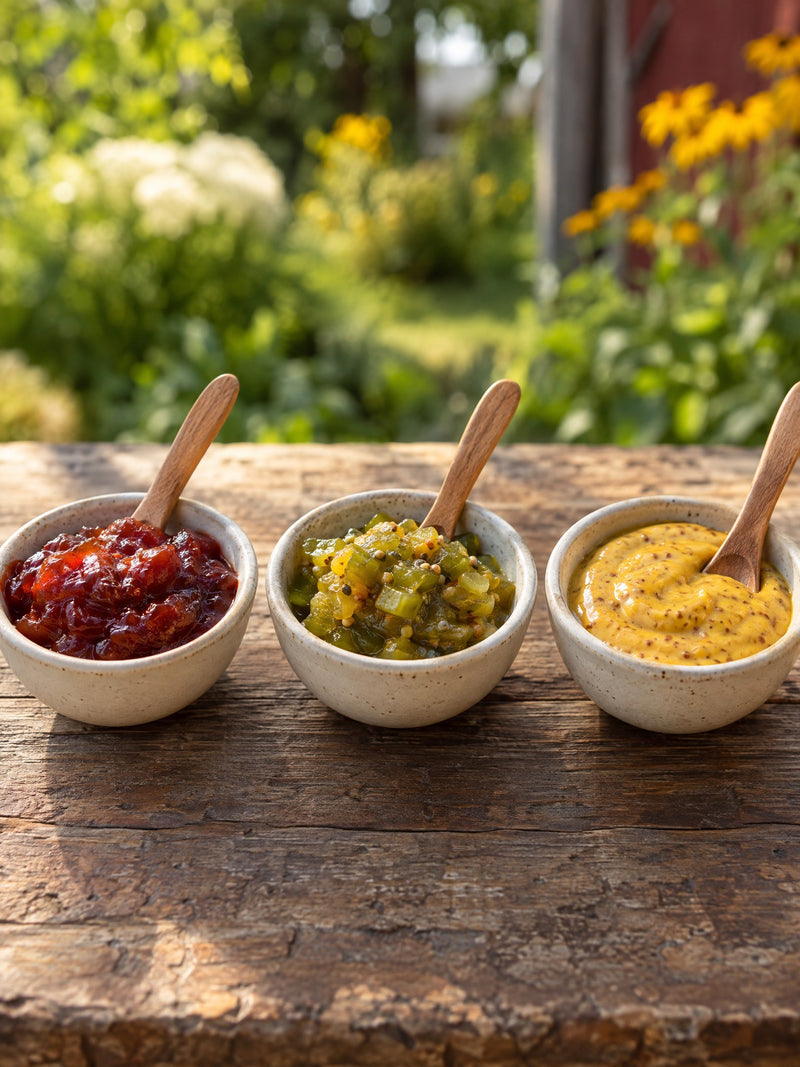 Ketchup aux fruits, relish et moutarde à l'érable en petits bols