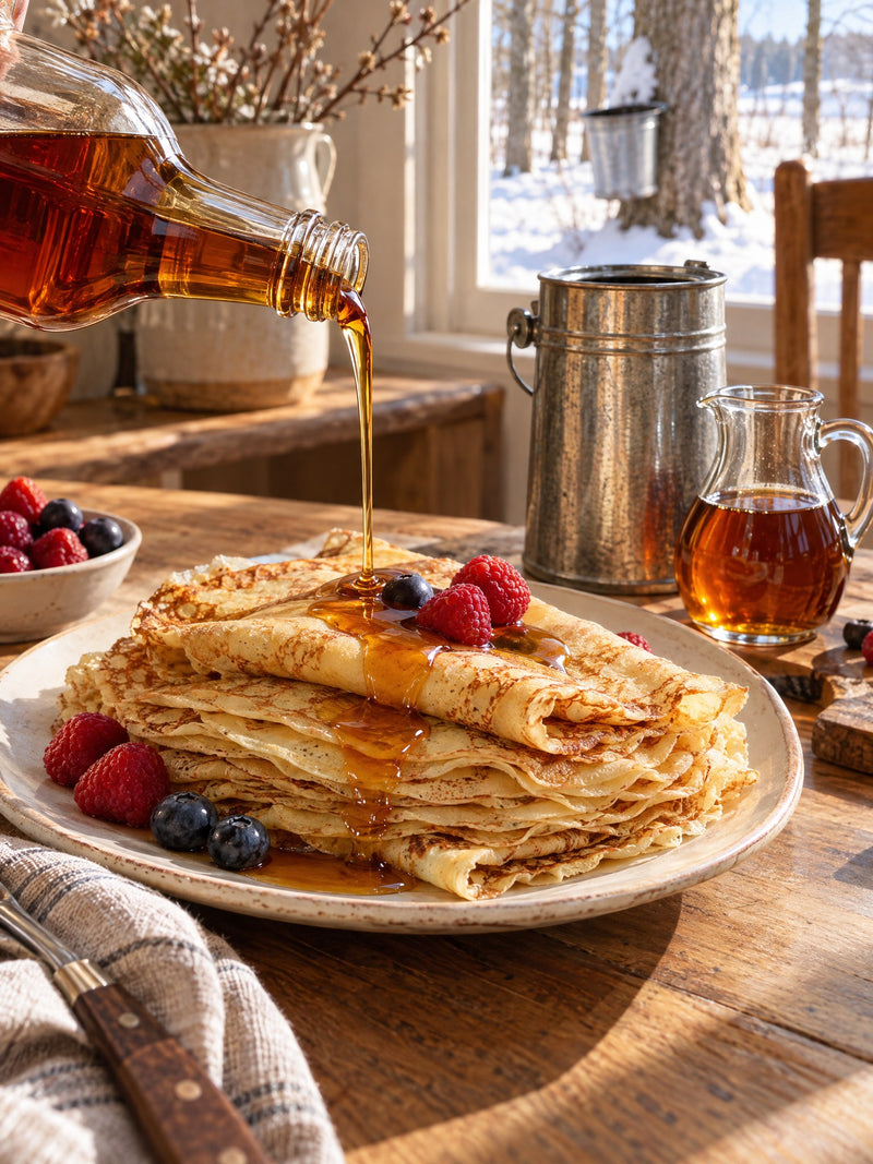 Sirop d'érable versé sur des crêpes, canne et pot de sirop à côté
