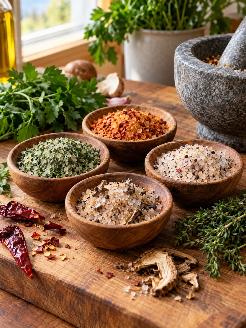 Sels assaisonnés aux herbes, au piment et aux champignons