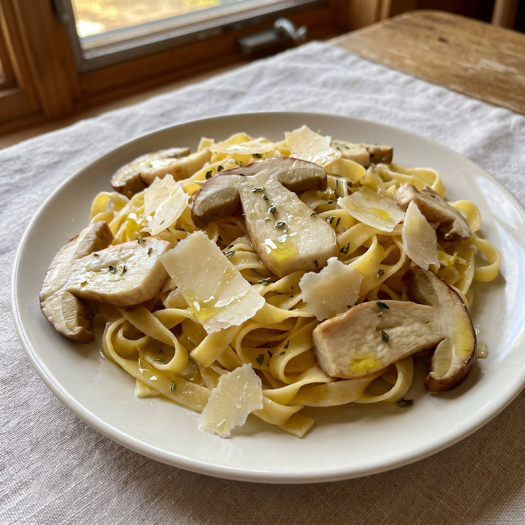 Pâtes fraîches garnies de tranches de champignons cèpes poêlés, copeaux de parmesan et herbes, servies sur une nappe