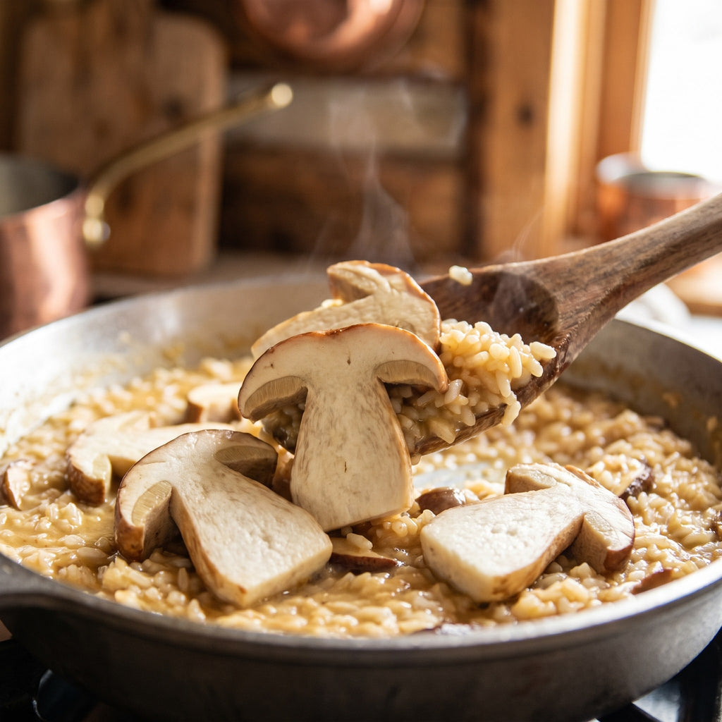 Tranches de champignons cèpes frais déposées sur un risotto fumant dans une poêle avec une cuillère en bois