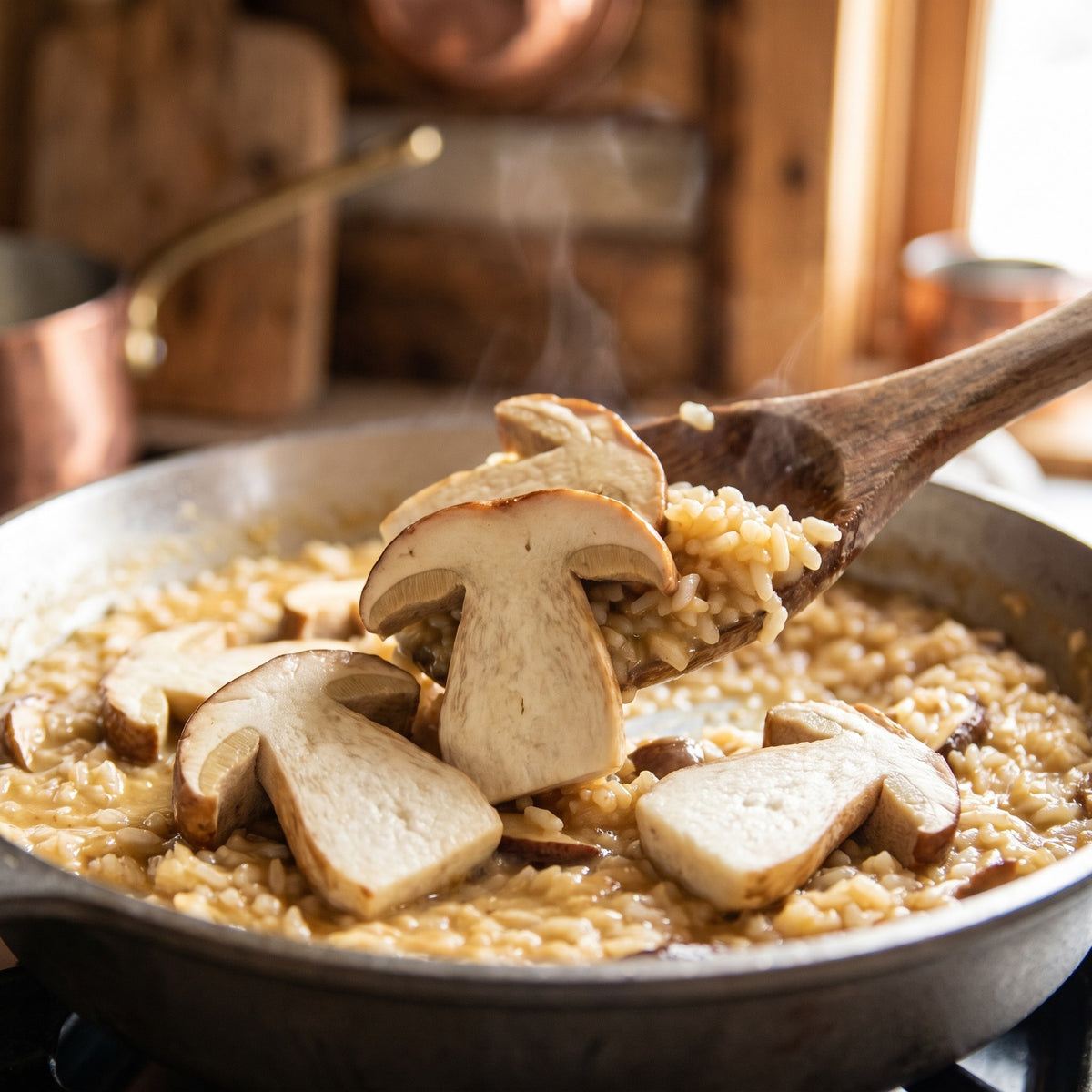 Tranches de champignons cèpes frais déposées sur un risotto fumant dans une poêle avec une cuillère en bois