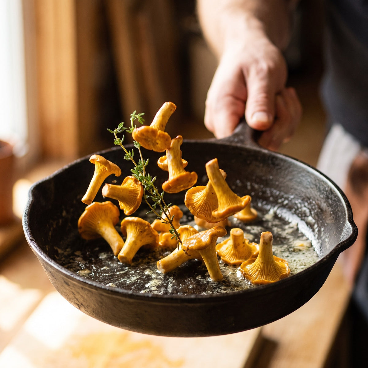 Des champignons chanterelles sautés avec du beurre et du thym frais dans une poêle en fonte tenue à bout de bras