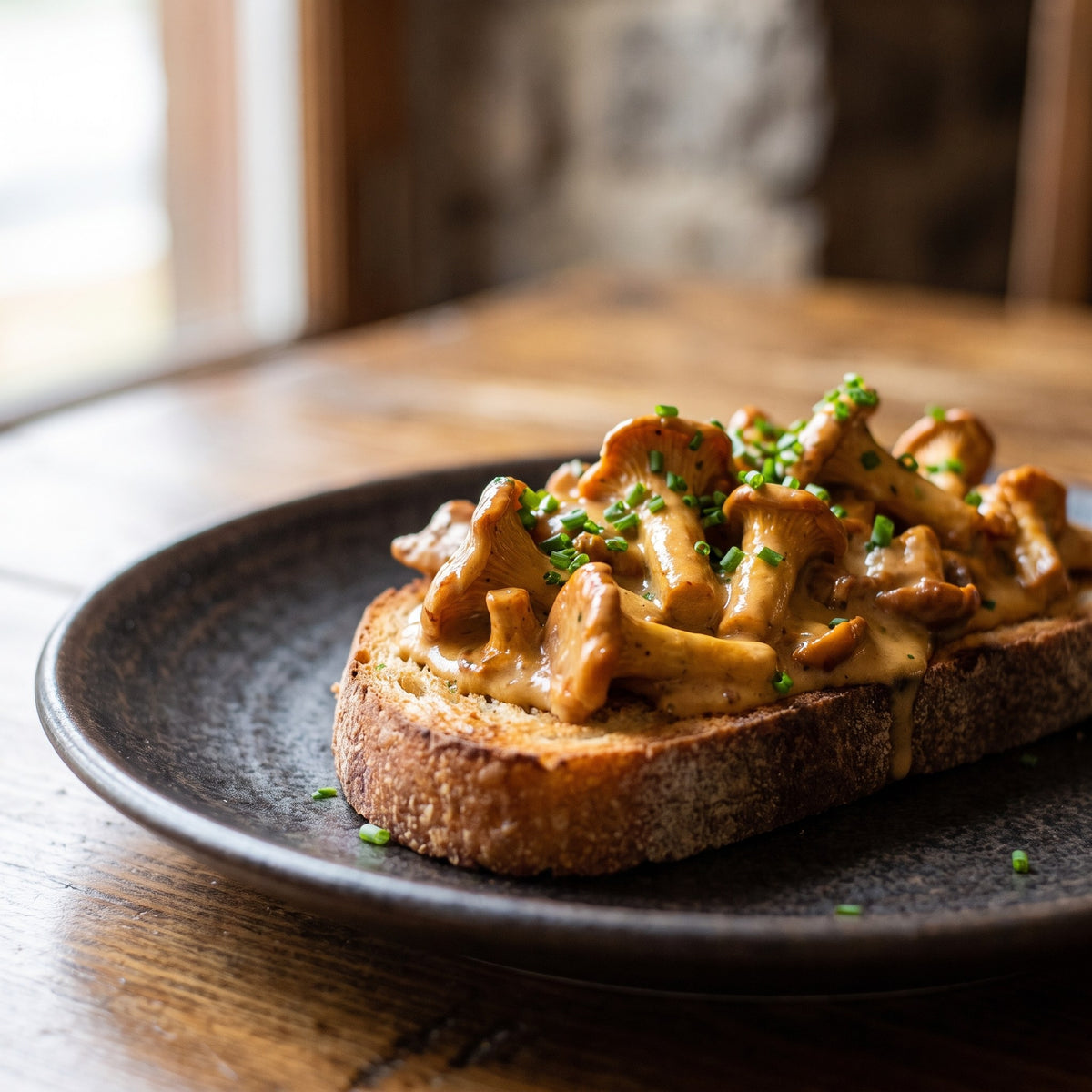 Tartine croustillante de champignons chanterelles en sauce crémeuse avec ciboulette sur plat sombre
