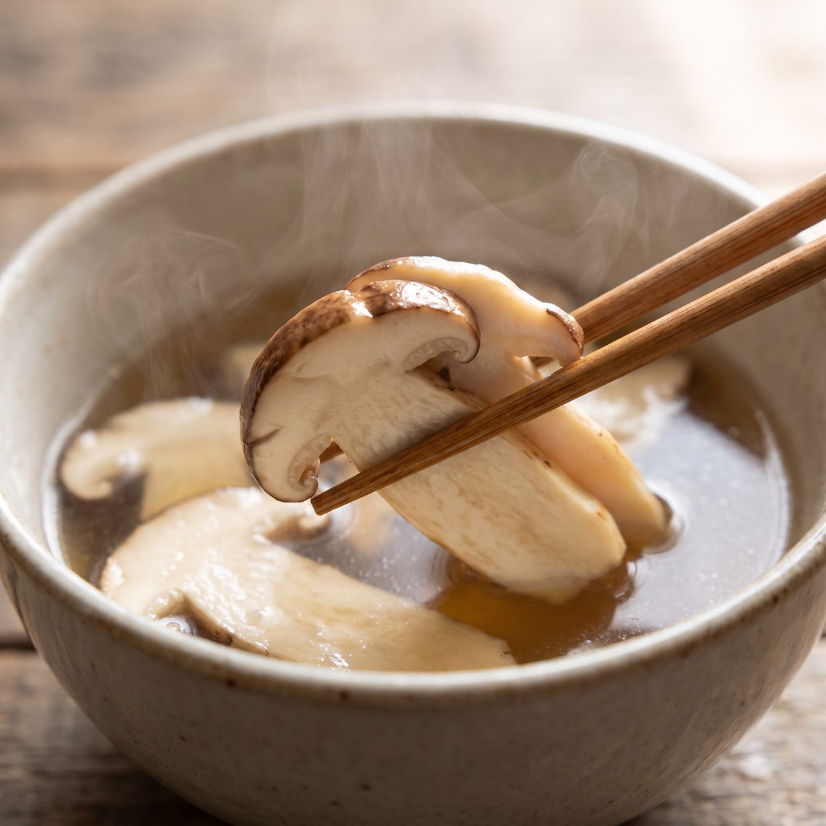 Tranches de champignons matsutake dans un bol de bouillon chaud et fumant, saisis avec des baguettes